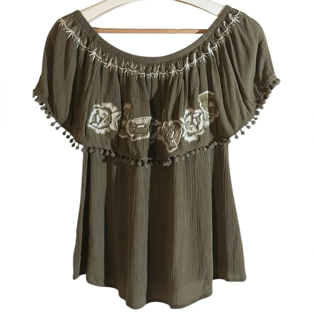 Blue Rain | Embroidered Olive Green Women's Shorts Sleeve Rayon Peplum Top - Picture 14 of 15